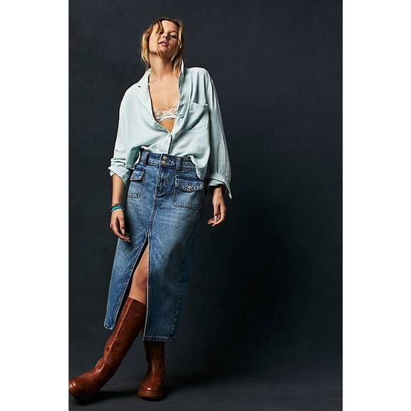 FREE PEOPLE We The Free Madison Midi denim Skirt front slit mid waist US 30 - Picture 1 of 7